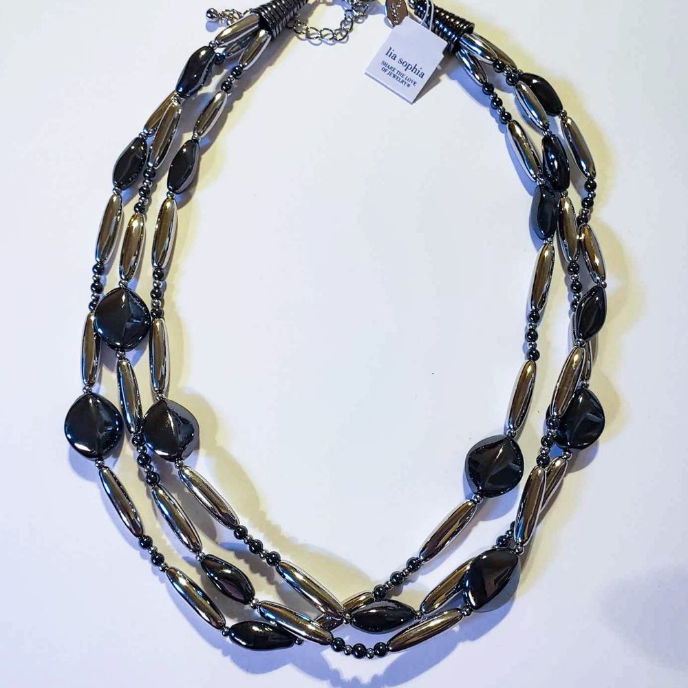 LIA SOPHIA Silver & Gunmetal Beaded Layered Necklace 17-20 in.